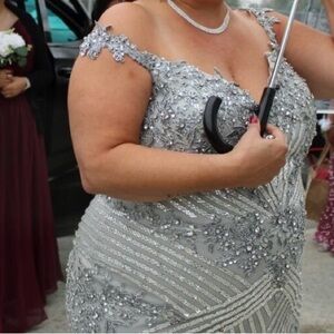 Terani - Mother of the Bride Elegant Silver Gown with Beaded Details